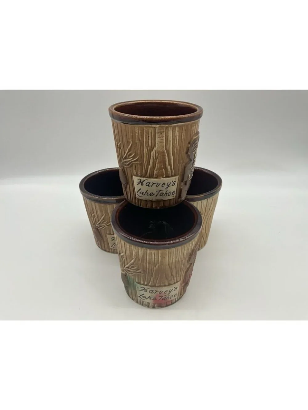 Harveys Lake Tahoe Vintage Tiki Mug Otagiri Brown Bucket Style Set of 4 Barware